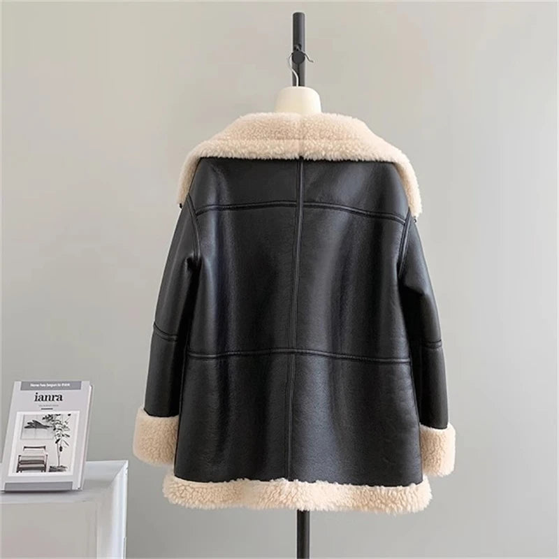 Autumn and winter New women's Cashmere collar composite leather jacket y2k high Quality ComfortableWarm Casual HighCollar Jacket