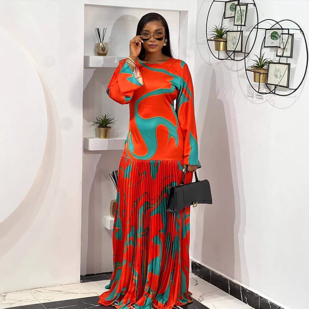 Printed Fitted Pleated Flared Backless Long Dress