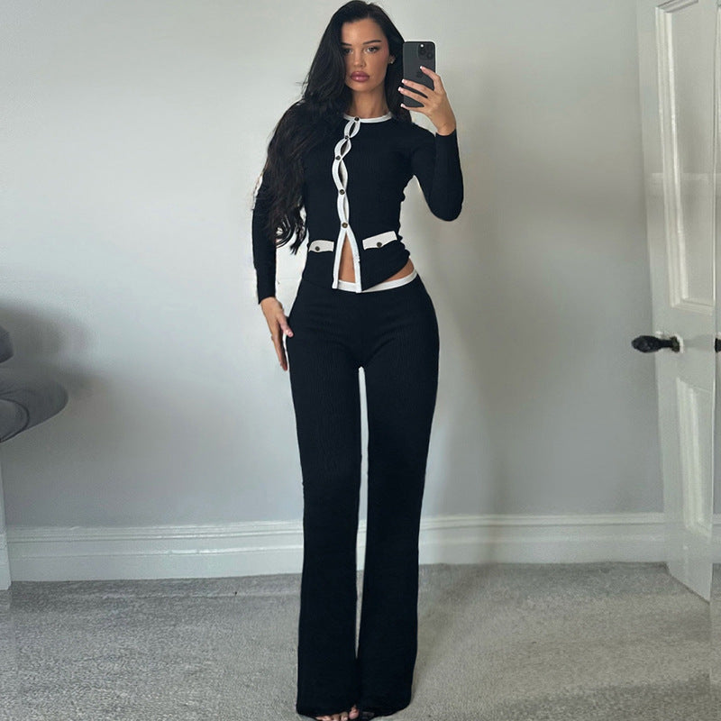 Round neck button contrasting cardigan long sleeved high waisted slim fit pants set