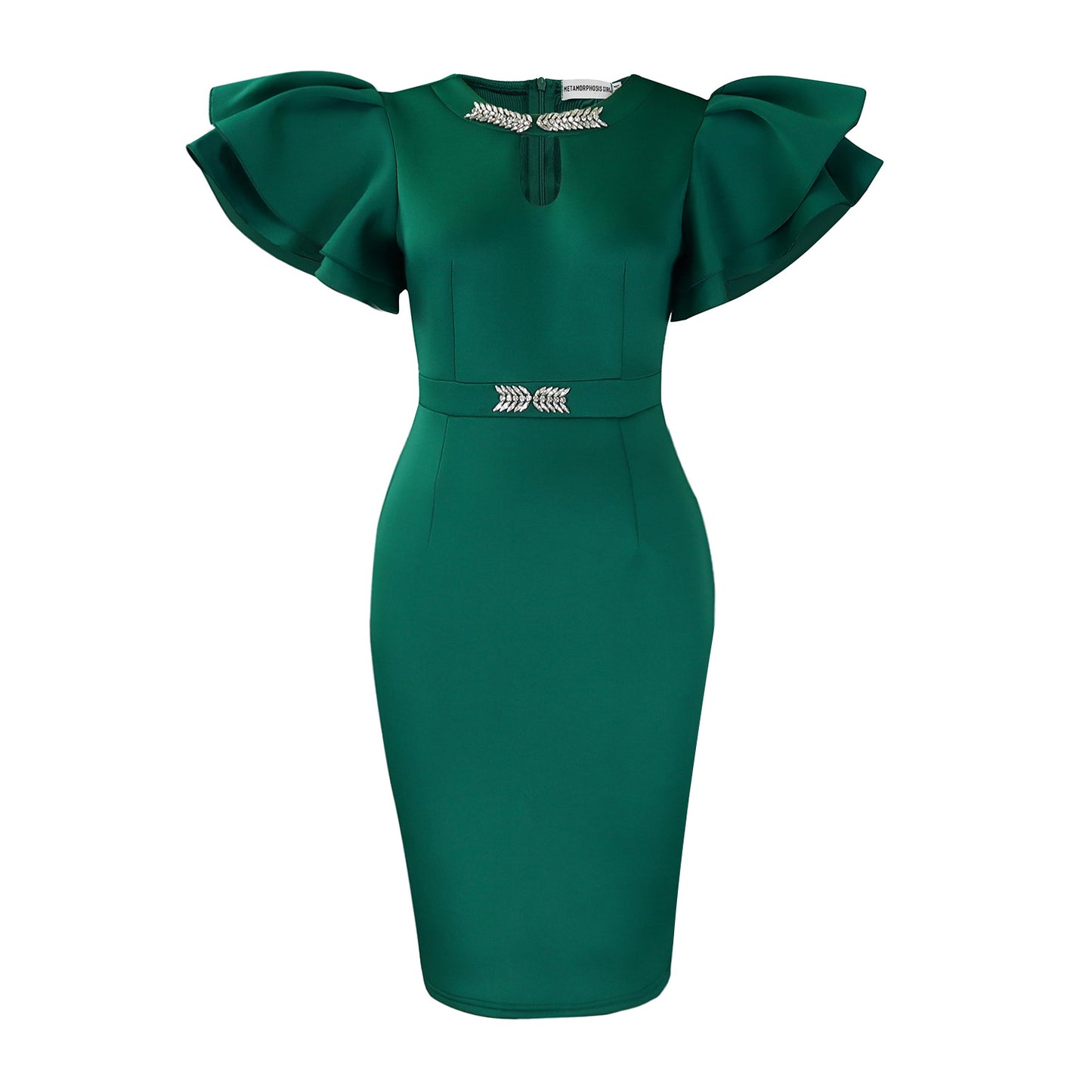Round neck lotus leaf sleeve nail diamond wrapped hip dress