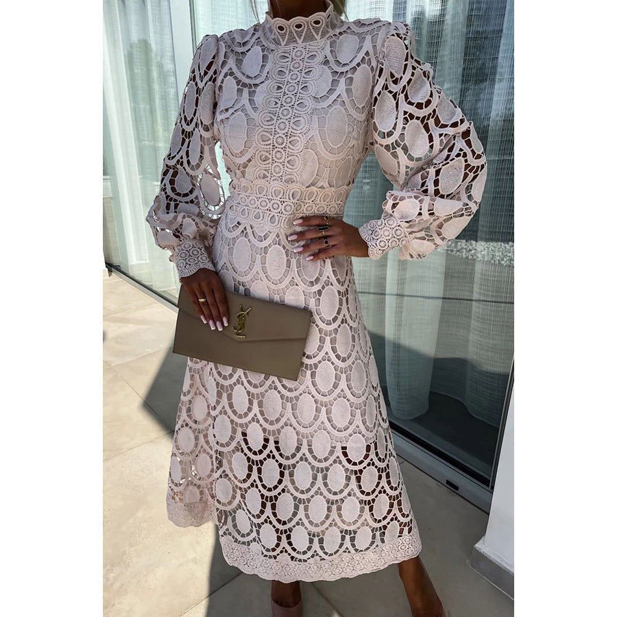 Floral Lace Stand Collar Casual Dress Loose Vacation Zipper Dress