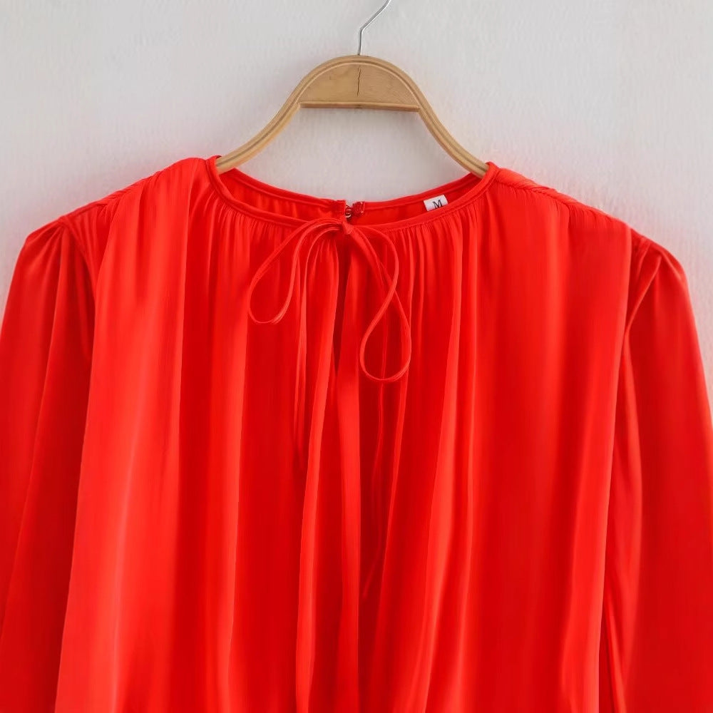 Round neck lantern sleeve lace up solid color dress for women