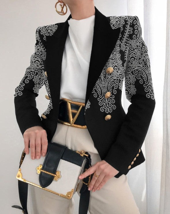 Fashion Style Pattern Style +Sleeve Length  Closure Type  Silhouette  Type of Clothing  Print  Long Sleeve  Double-Breasted  Fitted Short  Women's Blazer