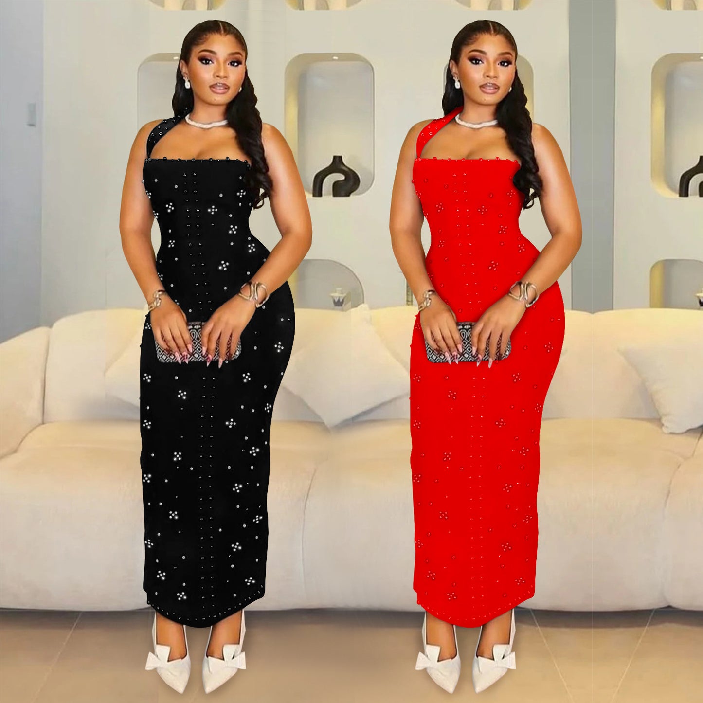 Women's Off-the-Shoulder Rhinestone Beaded Fitted Bodycon Dress