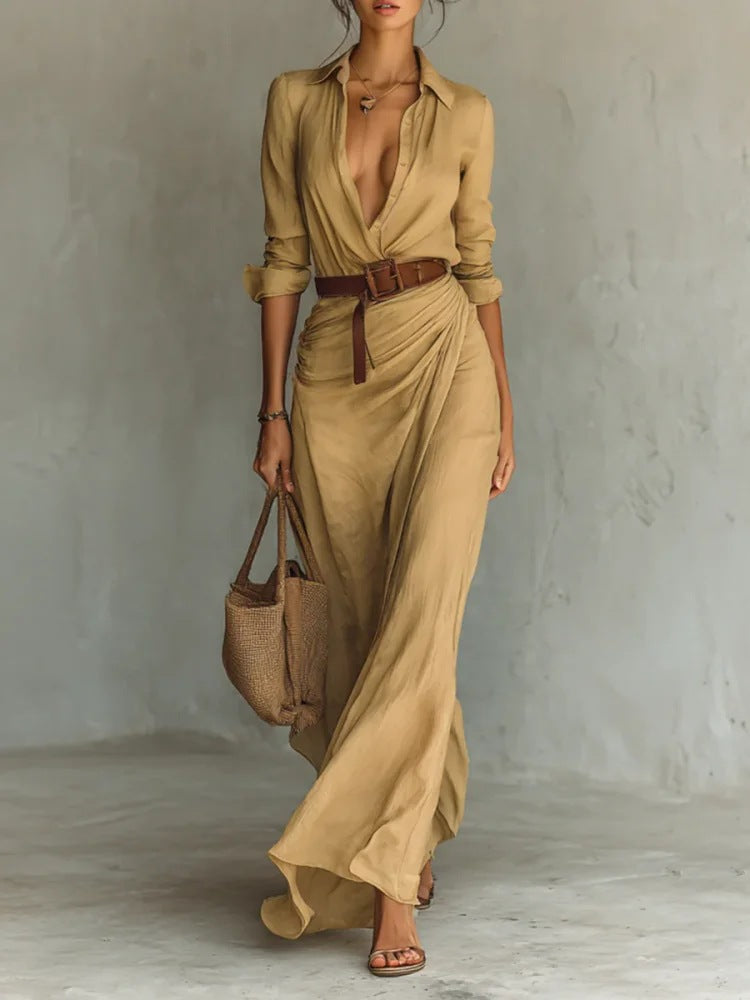 Elegant and Charming Irregular Pleated Solid Color Dress with Waistband