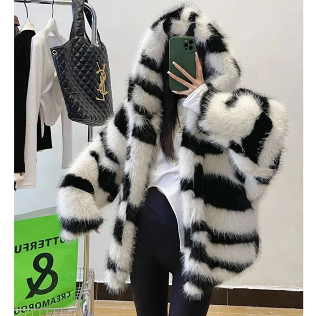 Women's fur coat Zebra print hooded fox fur coat young padded winter thermal jacket