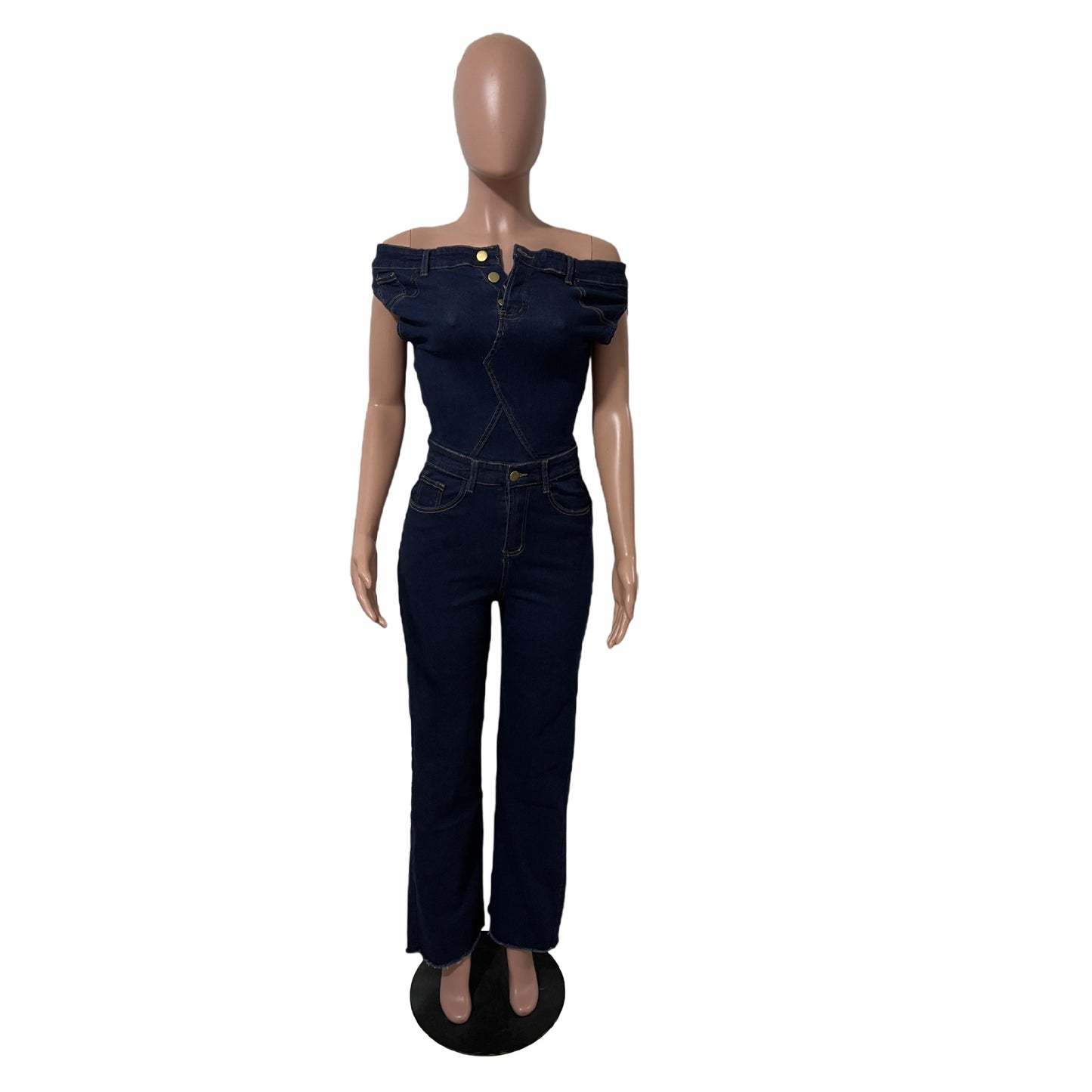 Strapless one shoulder slim fit denim jumpsuit