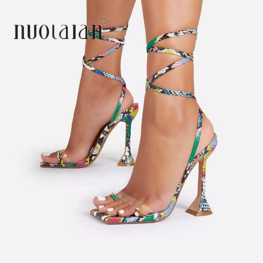 Women High Heels Sandals Summer Outside Snake Print Shoes Woman Lace-Up Cross Strap Gladiator Sandals 11.5CM Heels
