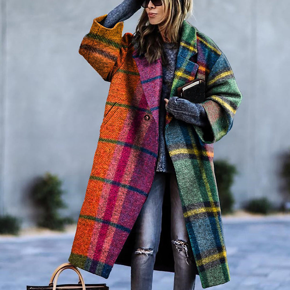 Autumn Women's Long Sleeve Lapel Coat Printed Woolen Coat