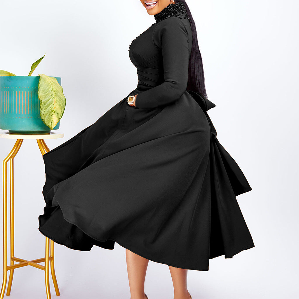 High Neck Flared Dress with Waist Gathering for Women