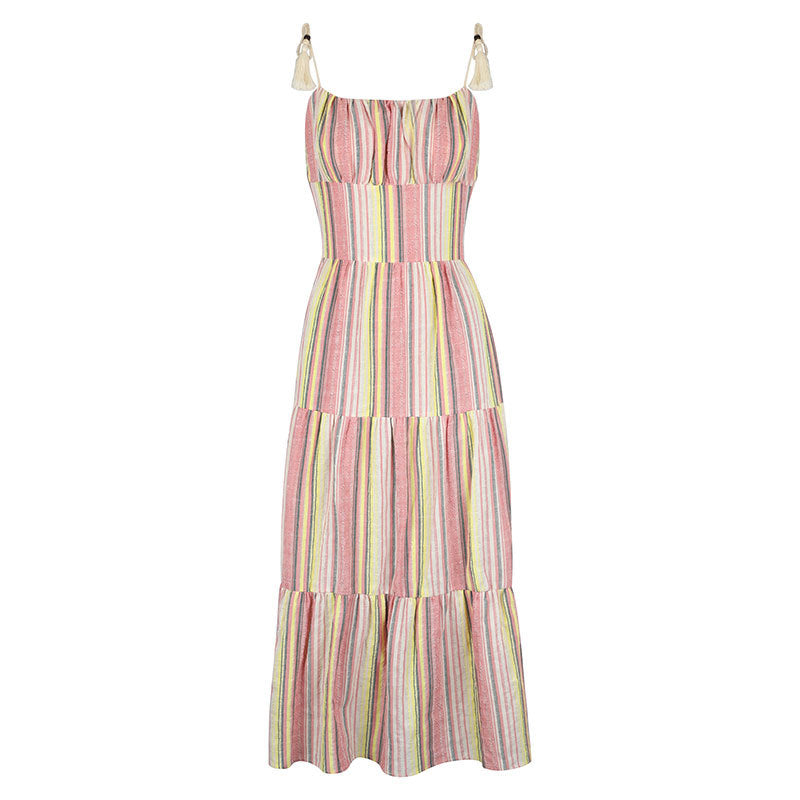 Stripe Charm Strapless Spliced Flared Long Dress for Women