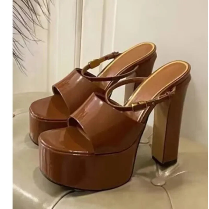 Summer New Women's High-heeled Thick Sole Waterproof Platform Patent Leather Women's Slippers Fashion Thick High-heeled Slippers