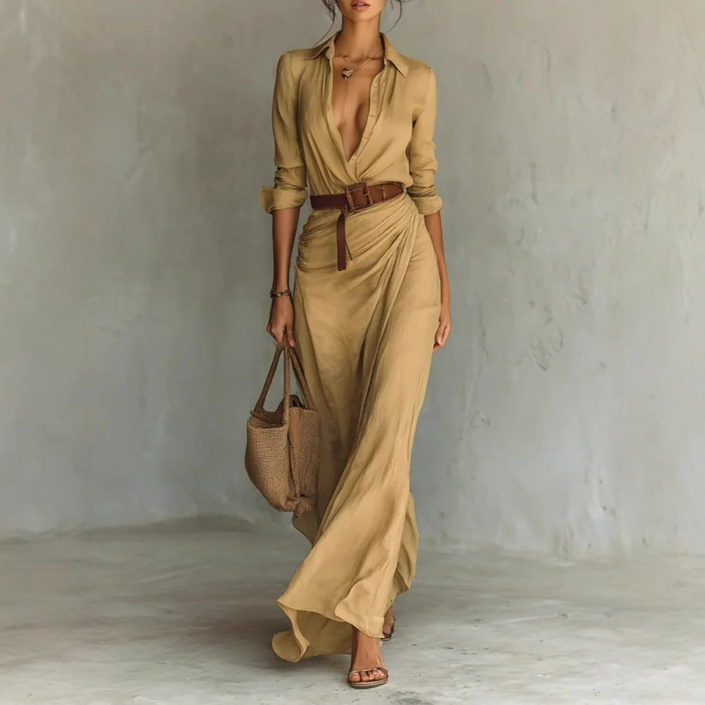 Elegant and Charming Irregular Pleated Solid Color Dress with Waistband