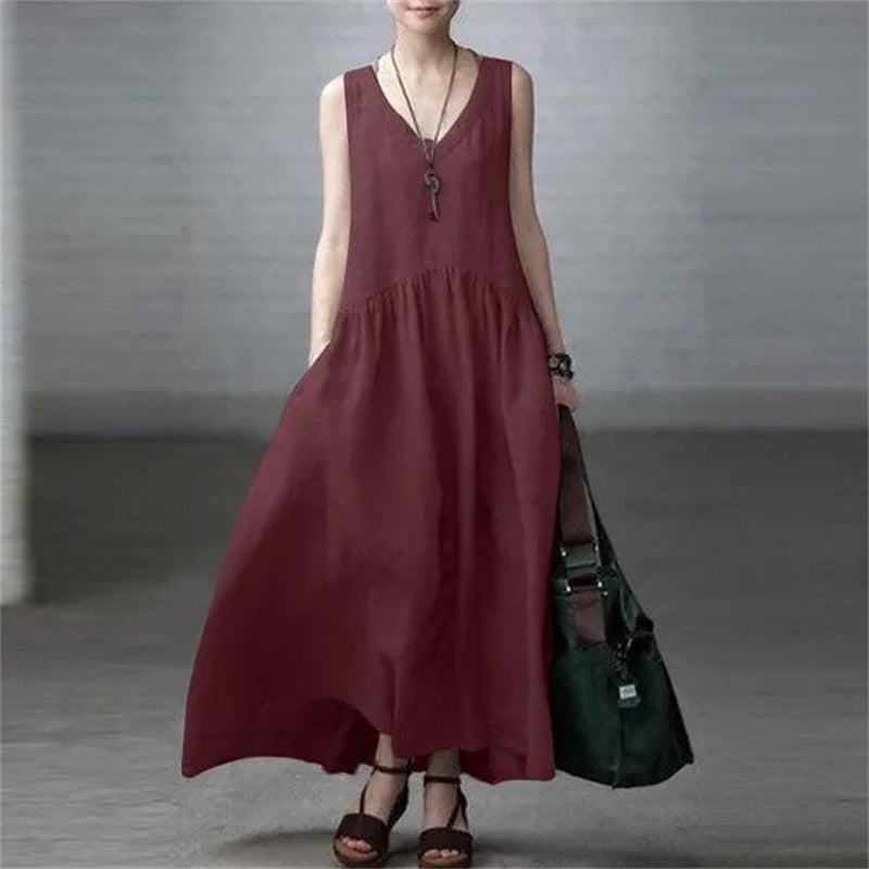 Women's Long Dress Loose Pleated Fashion Sleeveless Solid Color Backless Cotton Linen Dress