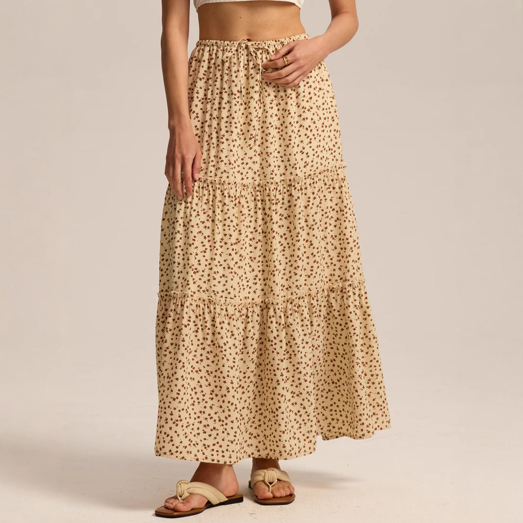 Women's high waisted elastic pocket long skirt with adjustable lace up skirt