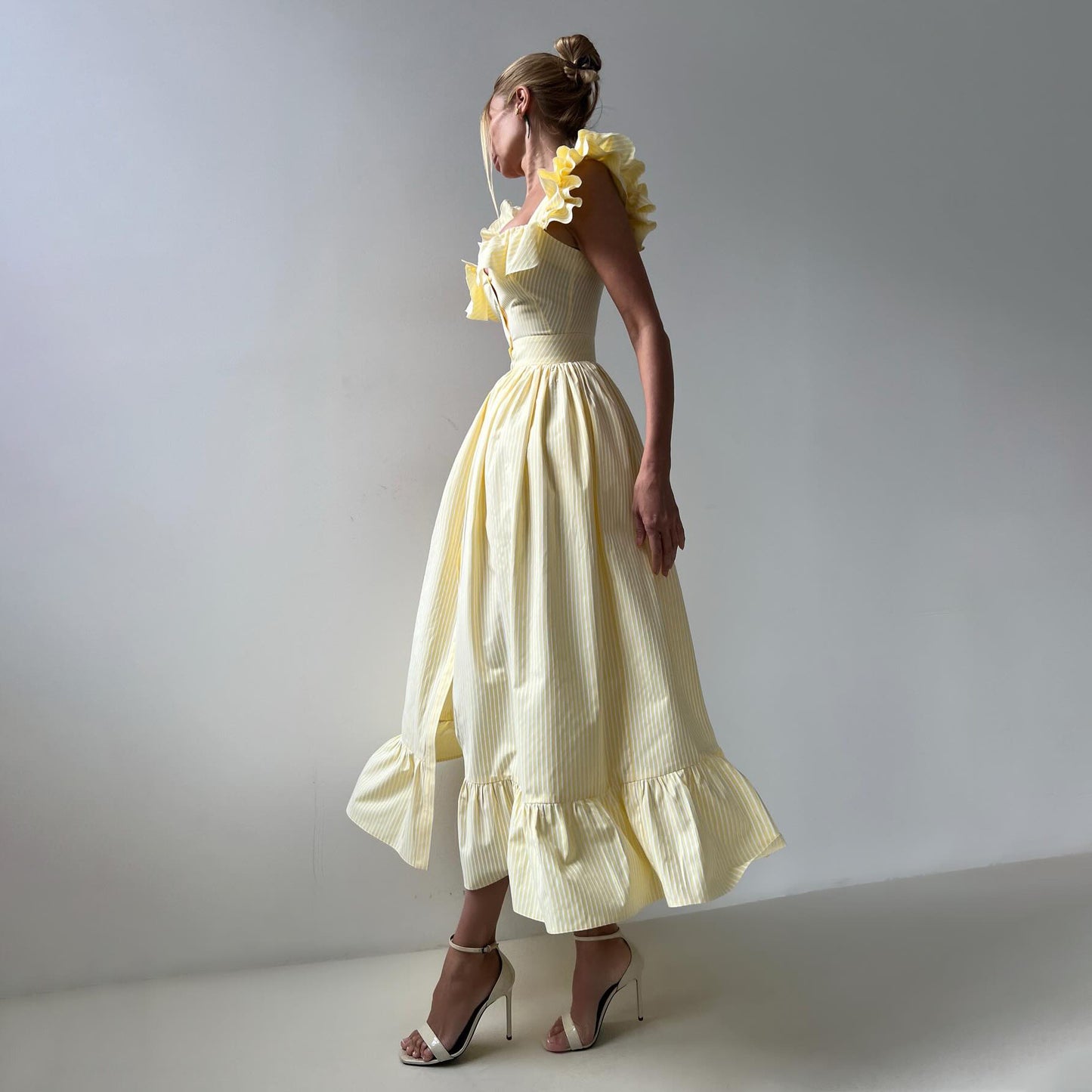 Commuting Leaf Hem Striped Dress with Double Design at Collar and Cuff for Women Summer