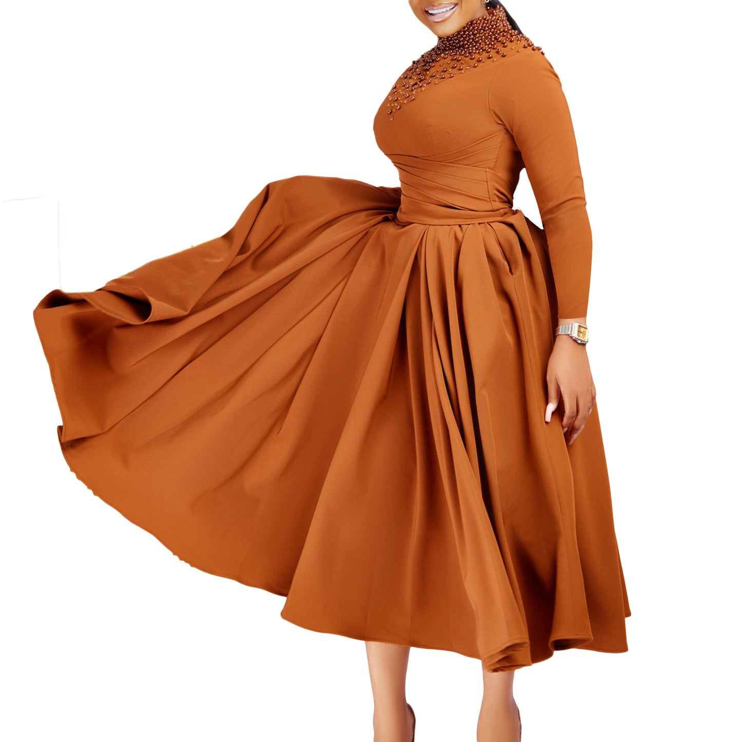 High Neck Flared Dress with Waist Gathering for Women