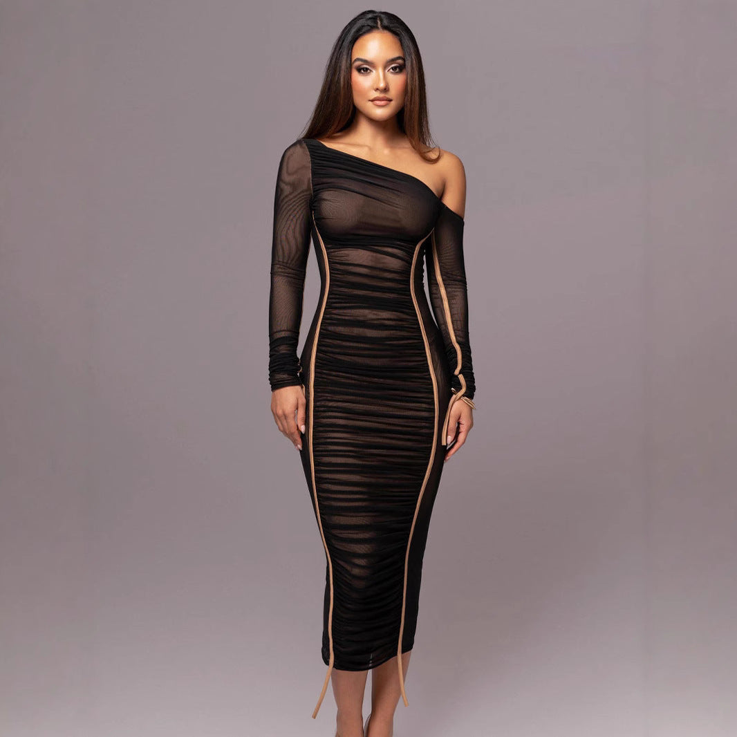 Style Women's Long Sleeve Mesh Splicing Off-Shoulder Midi Dress Fashion Pleated Dress