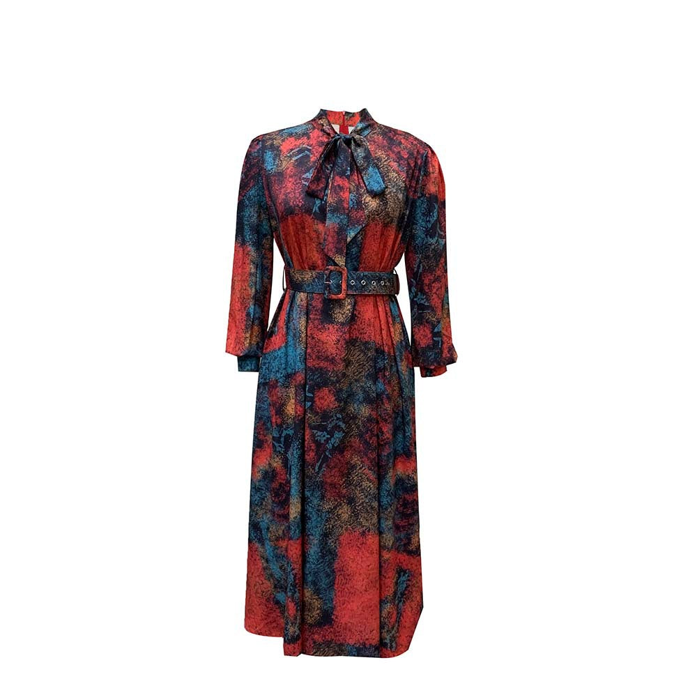 Long Sleeve High Waist Printed Plus Size Banquet Dress with Belt