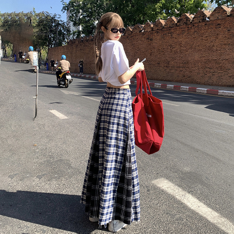 Plaid High-Waist A-Line Midi Skirt with Frayed Hem and Pleats