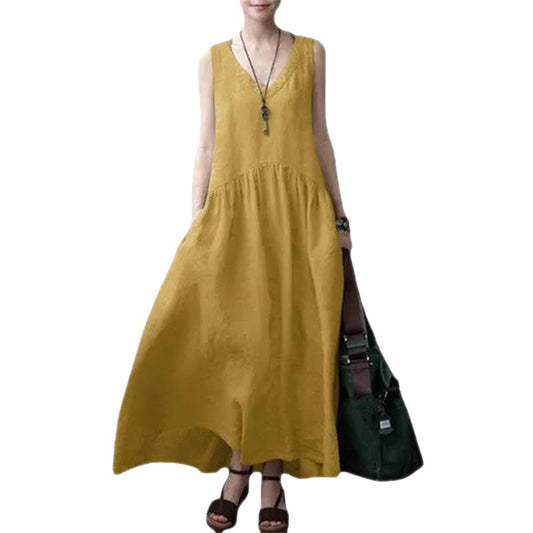 Women's Long Dress Loose Pleated Fashion Sleeveless Solid Color Backless Cotton Linen Dress