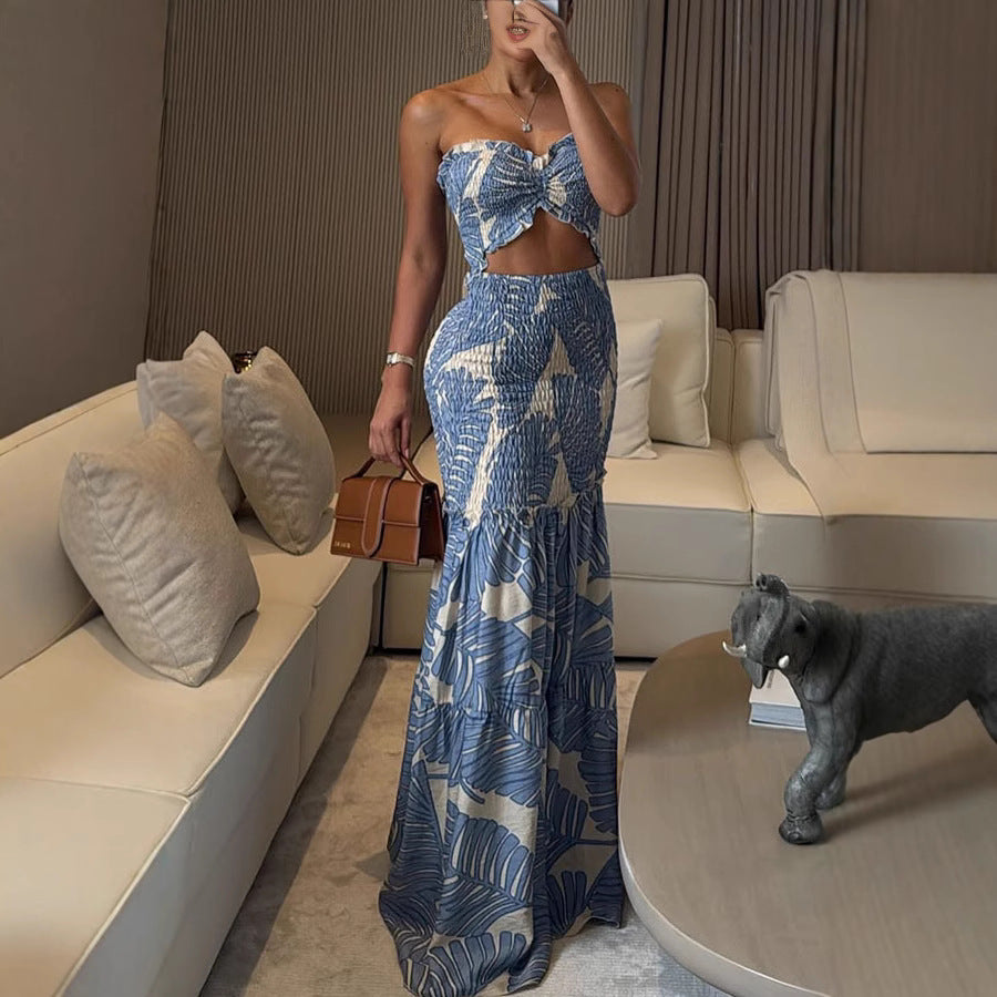 New Arrival Off-the-Shoulder Printed Pleated Dress INS Casual Loose Vacation Dress