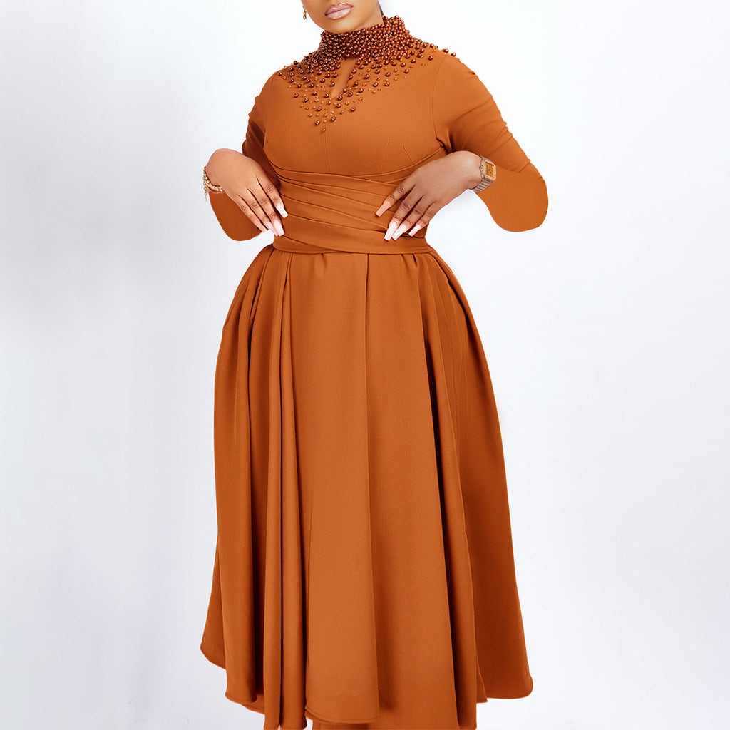 High Neck Flared Dress with Waist Gathering for Women