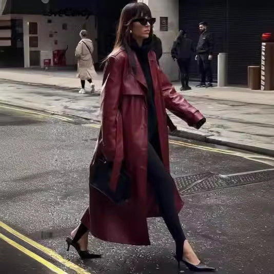 Spring and Autumn new European and American style plus size loose casual fashion long leather coat windbreaker jacket for women