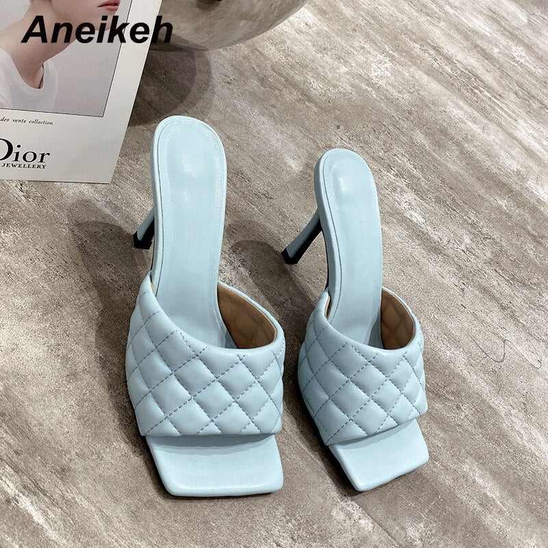 Aneikeh NEW Sexy PU Diamond Square Head Peep Toe Thin High Heels Slippers Summer Fashion Slip On Slides Women Mules Party Shoes
