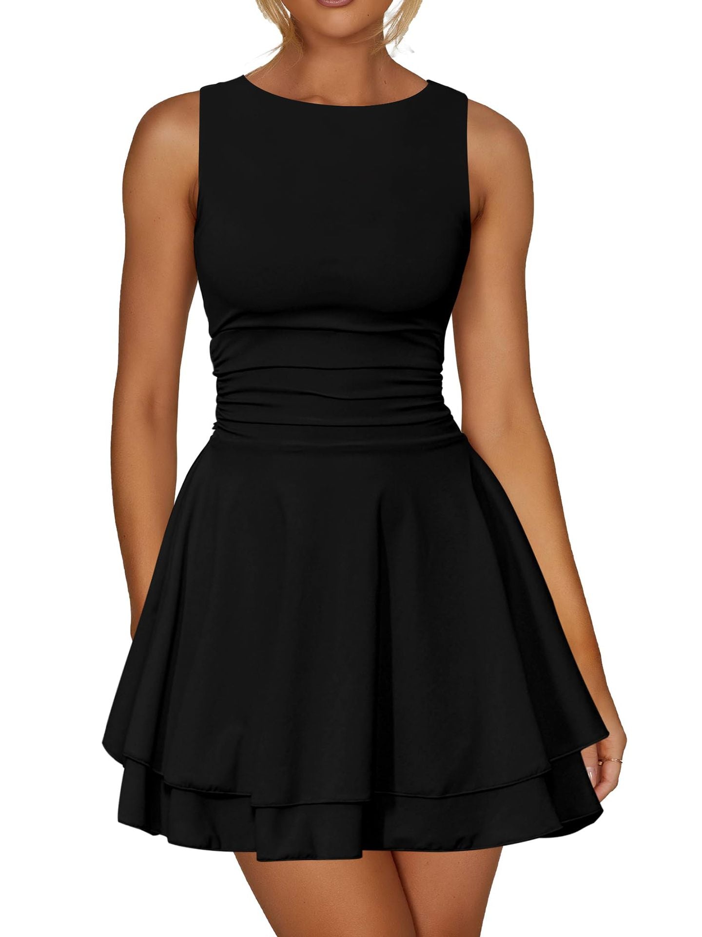 Elegant Casual Daily Round Neck Fitted Pleated Hem Solid Color Dress for Women
