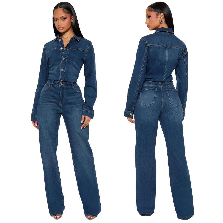 Slim fit elastic long sleeved denim jumpsuit
