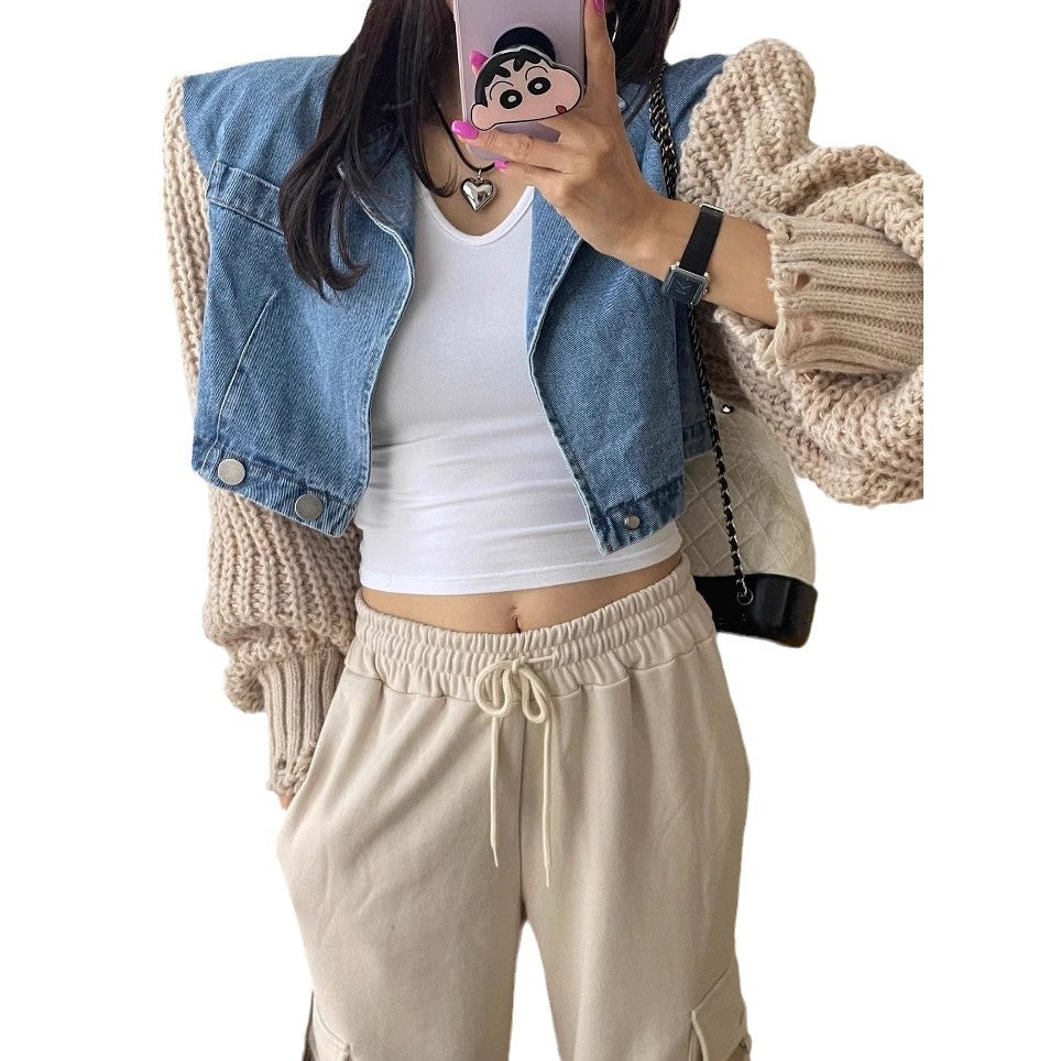 Autumn design sense splicing knitted sleeves loose niche casual jacket short denim jacket
