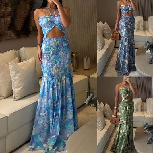 New Arrival Off-the-Shoulder Printed Pleated Dress INS Casual Loose Vacation Dress