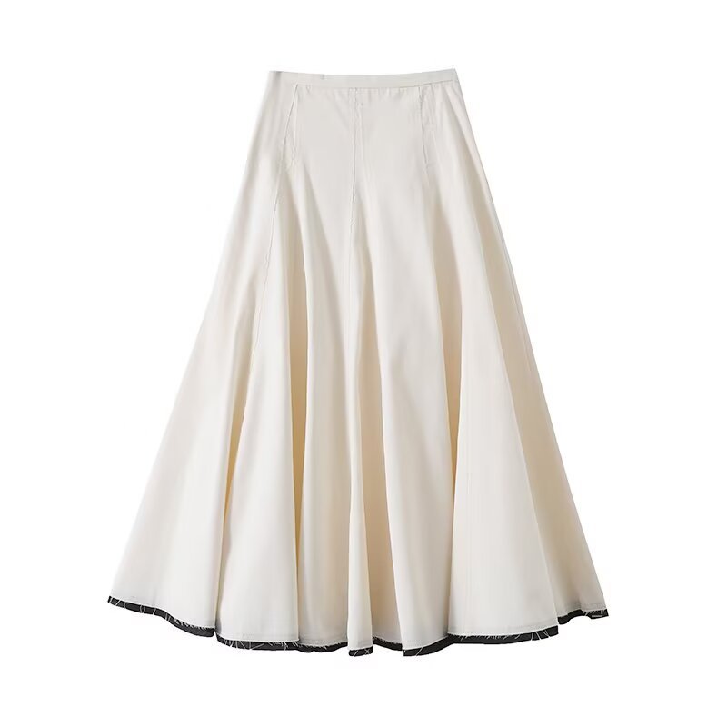 High waist contrasting color edge A-line mid length skirt for women