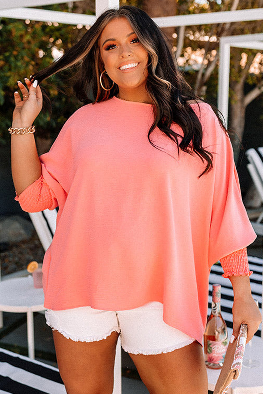 Blossom Shirred Cuffs Half Sleeve Plus Size Textured Blouse