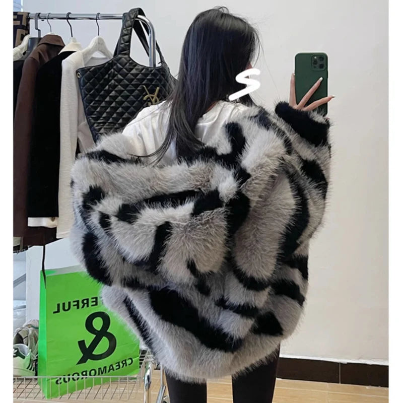 Women's fur coat Zebra print hooded fox fur coat young padded winter thermal jacket