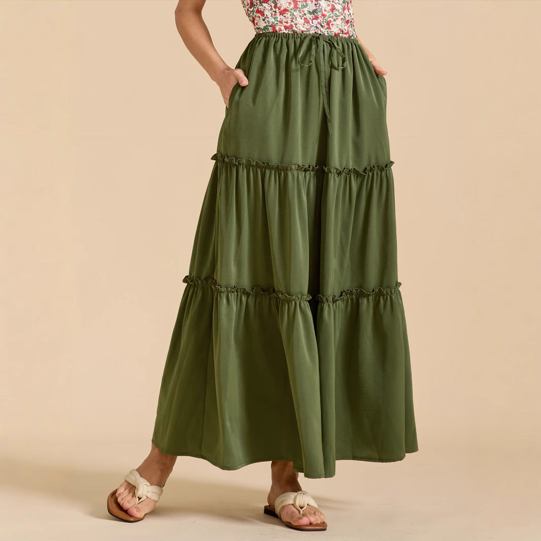 Women's high waisted elastic pocket long skirt with adjustable lace up skirt