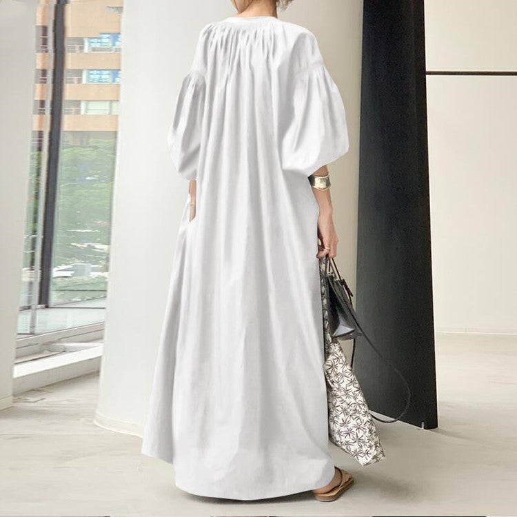 Solid Color Cotton Linen Loose Lantern Sleeve Flared Dress