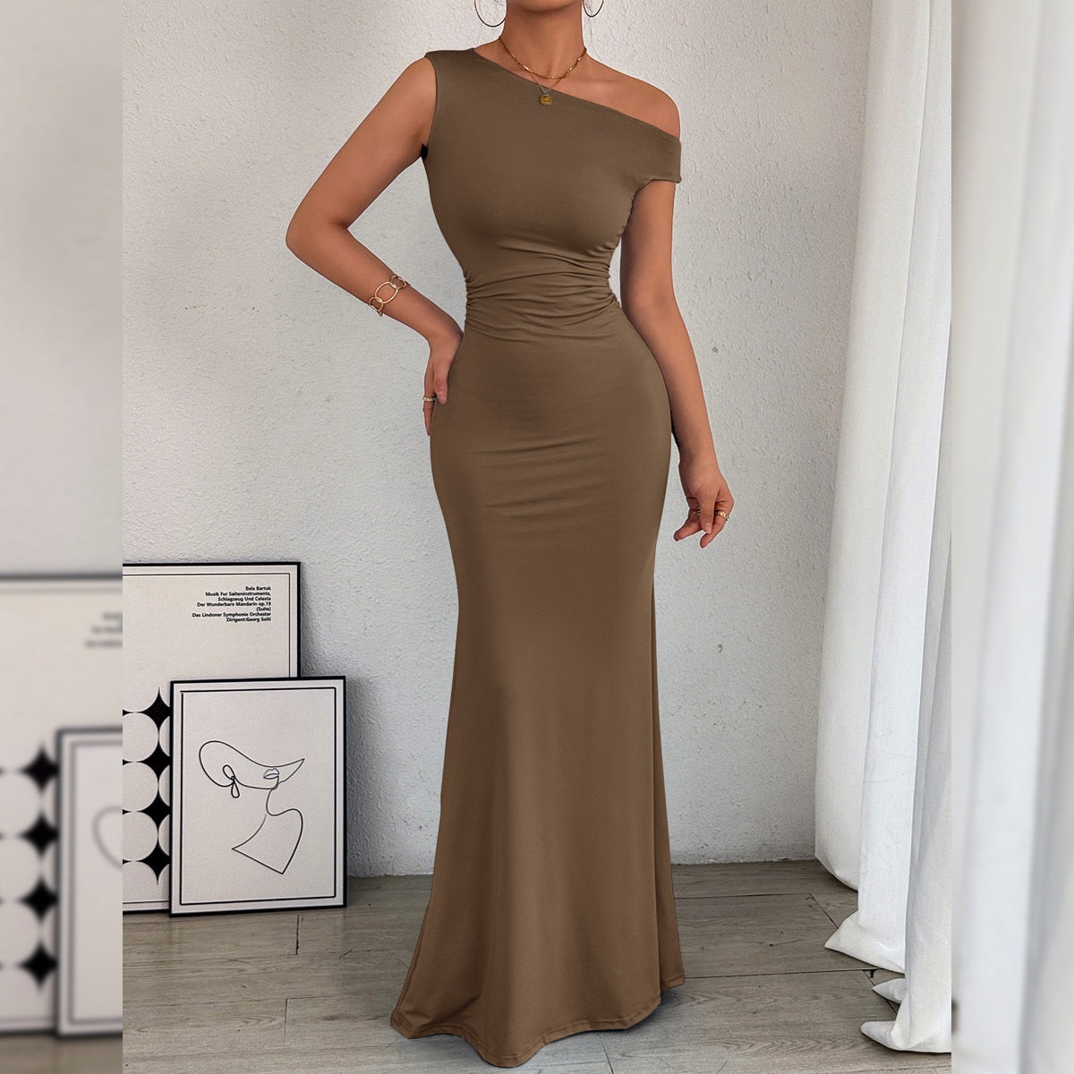 Women' Oblique Shoulder Neckline Waist Pleated Sleeveless Sexy Dress