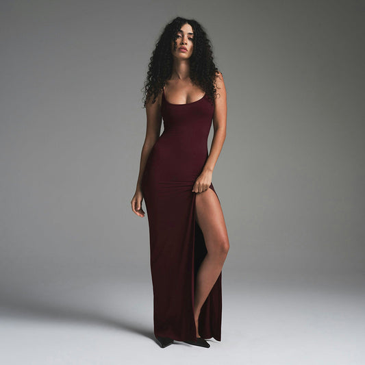Women's Autumn and Winter Sexy Strapless Solid Color Backless Waist-cinching Slit Fitted Dress