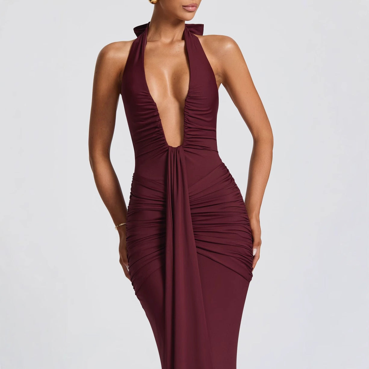 Women's Cross-border Solid Color Sexy Transparent Low Chest Sleeveless Spicy Girl Dress
