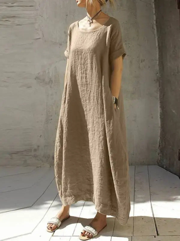 Women's Loose Plus Size Solid Color Round Neck Short Sleeve Waist Belt Slit Dress