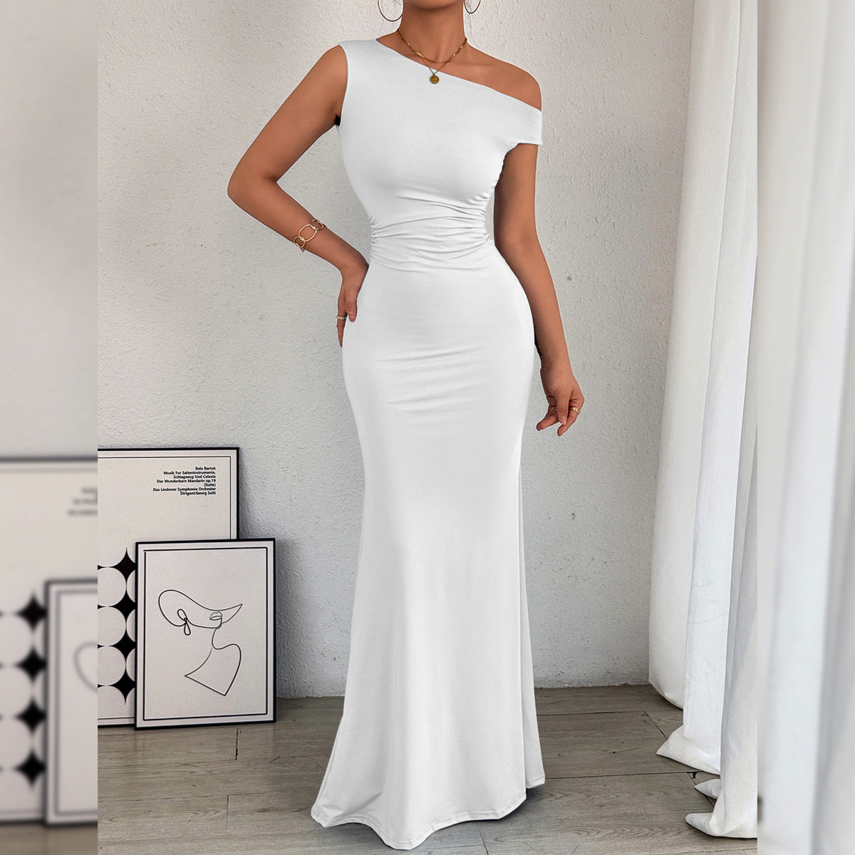 Women' Oblique Shoulder Neckline Waist Pleated Sleeveless Sexy Dress