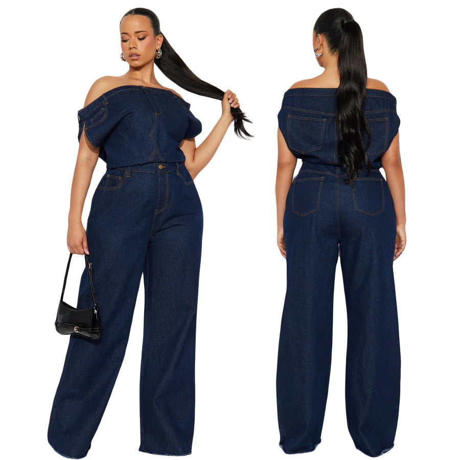 Strapless one shoulder slim fit denim jumpsuit
