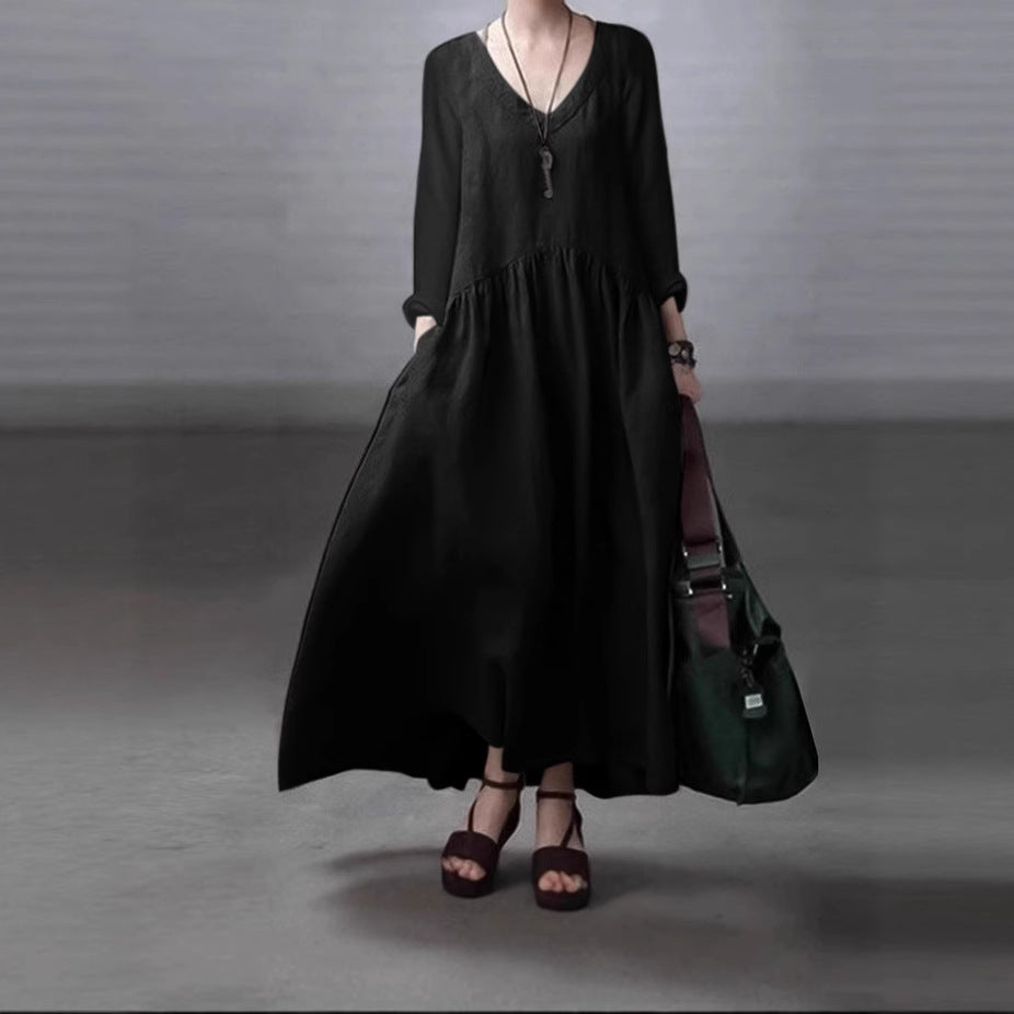 Long Sleeve V-Neck Cotton Linen Tank Dress Women's Casual Solid Color Loose Long Dress