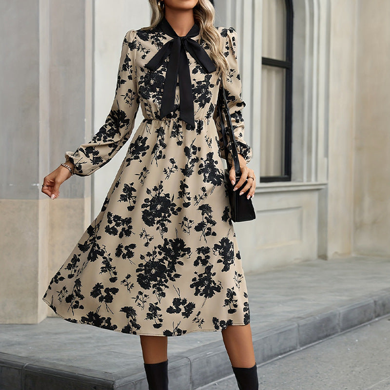 Floral long sleeved collar tied A-line skirt dress