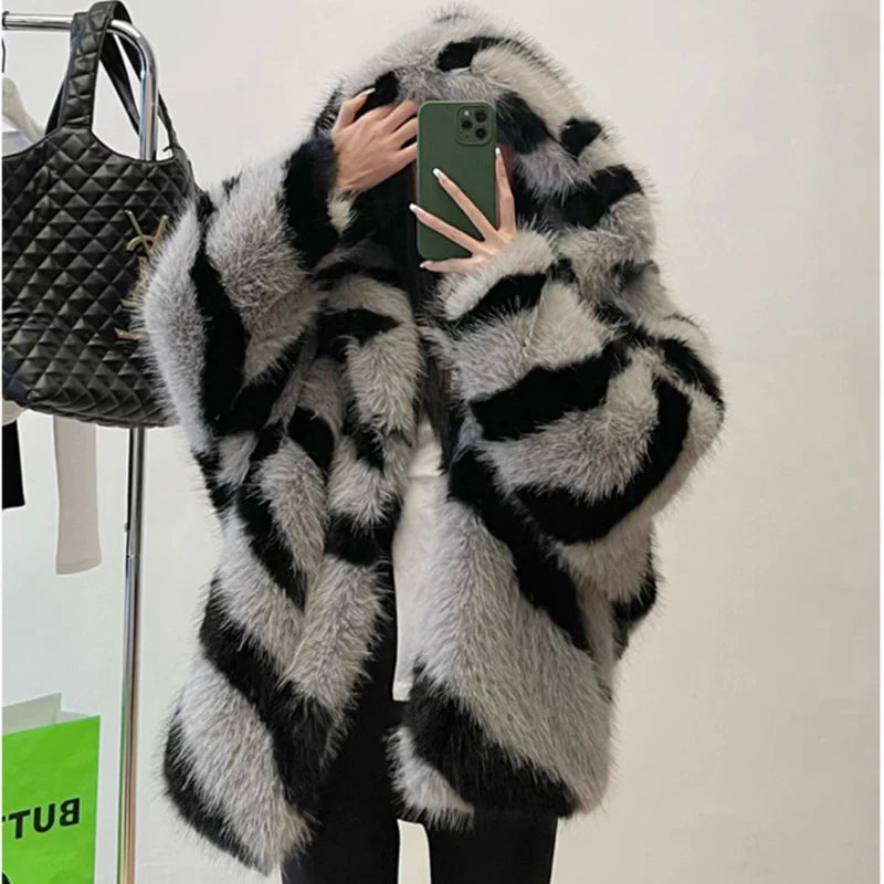 Women's fur coat Zebra print hooded fox fur coat young padded winter thermal jacket