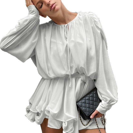 Chiffon Shrink Wrinkle Ruffle Waist Long Sleeve Dress Women's Design Sense Temperament
