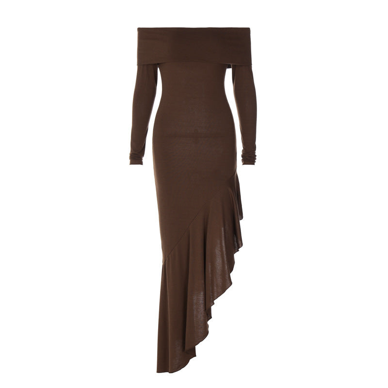 One shoulder long sleeved close fitting lotus leaf side length dress for women