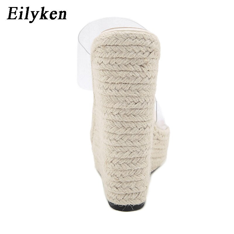 Summer PVC Transparent Peep Toe Cane Straw Weave Platform Wedges Slippers Sandals Women Fashion High Heels Female Shoes